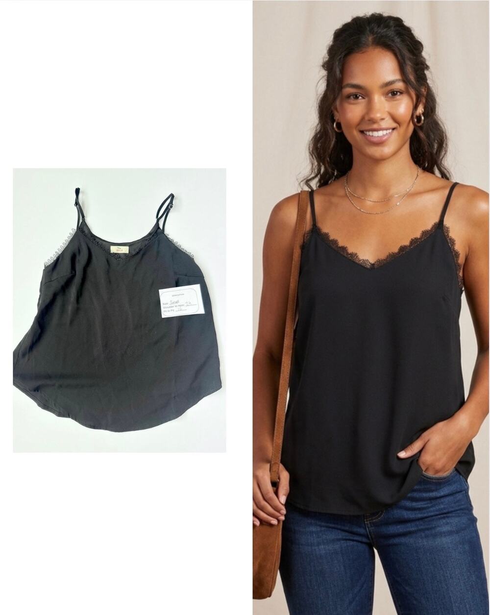 Hummingbird Black Lace Trim V-Neck Adjustable Strap Cami Tank Top Size Small